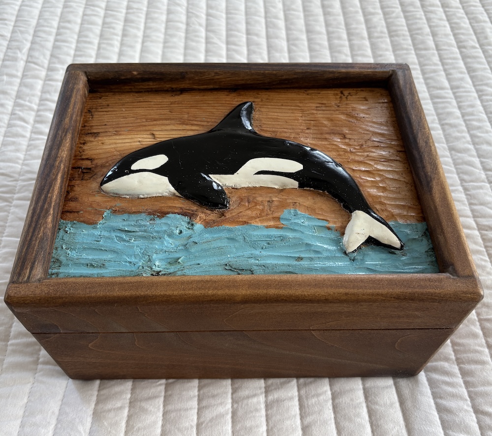 Custom wood box with carved orca